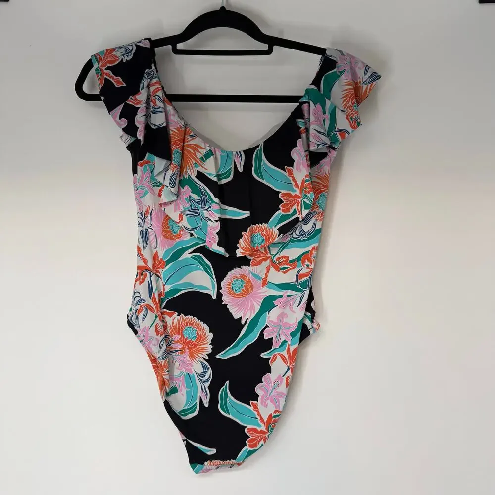 Trina Turk Off Shoulder One Piece Swimsuit Womens 8 Black Floral Ruffle Bandeau